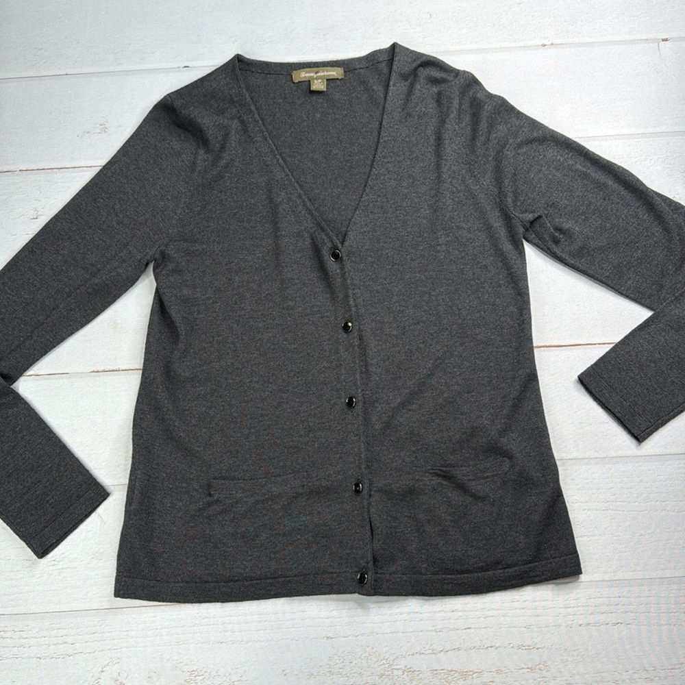 Tommy Bahama Black Jewel Button Grey V-neck Cardigan Front Pockets Size Small